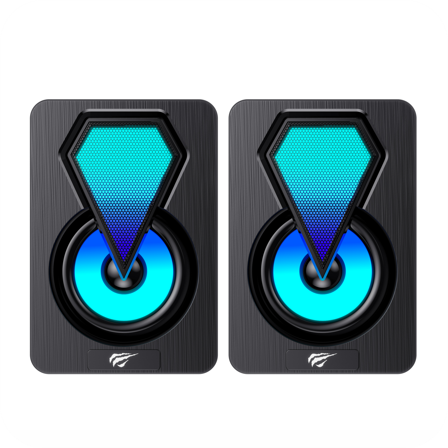 altavoces gamer negros con iluminacion azul y diseño moderno