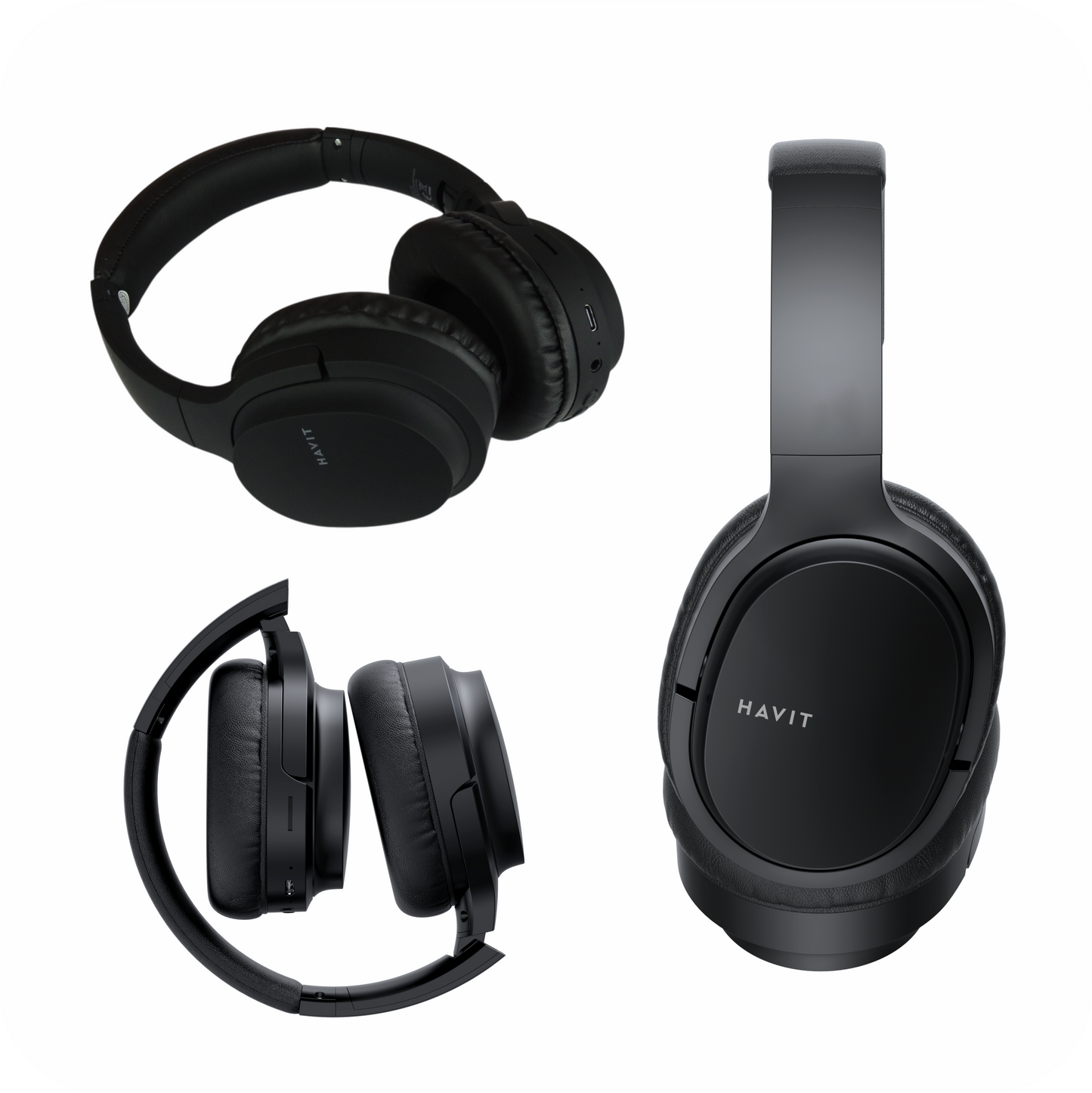 tres angulos diferentes de audifonos havit inalambricos negros