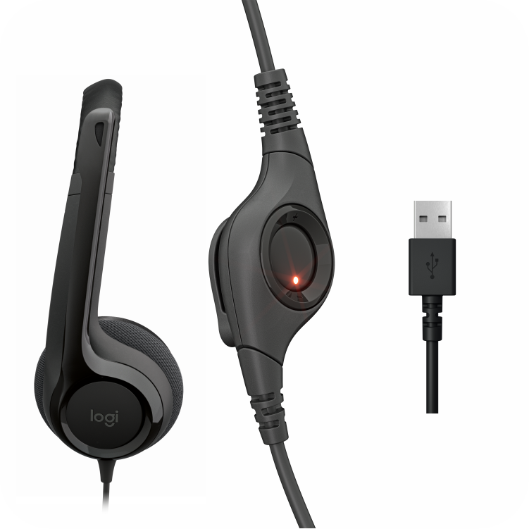 audifonos Logitech con control de volumen integrado y conexión USB