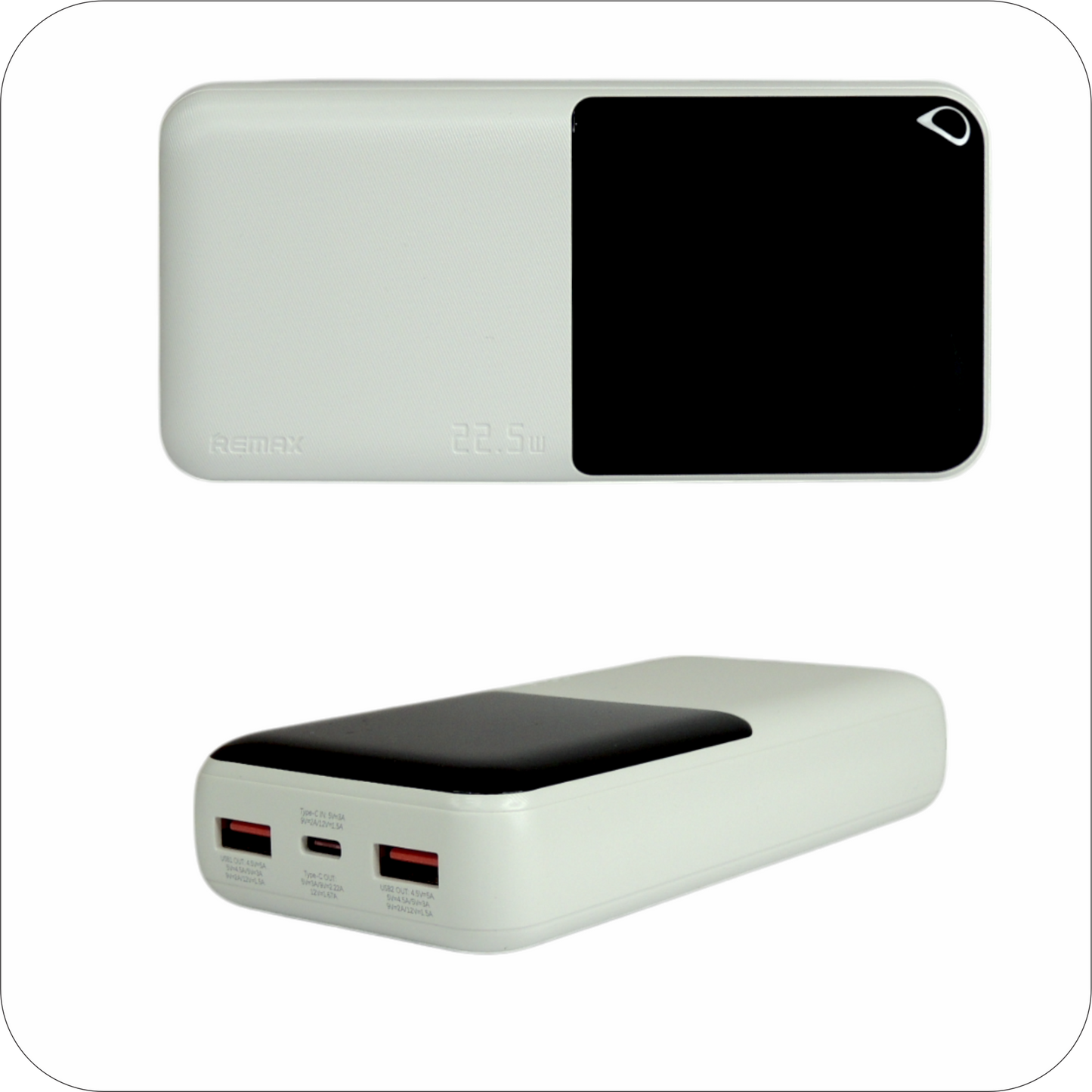 bateria portátil Remax blanca que muestra puertos de salida USB-A y USB-C, capaz de cargar rápidamente 22,5 W.