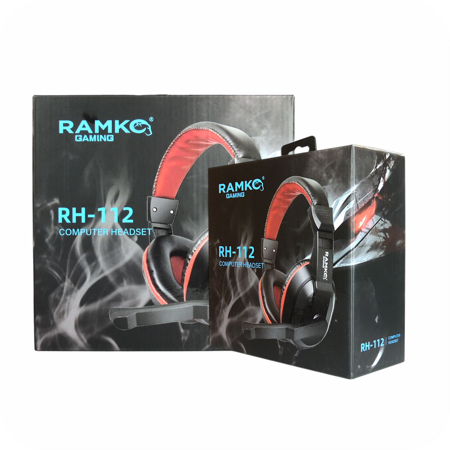 caja de audifonos ramko gaming negros con detalles rojos y microfono