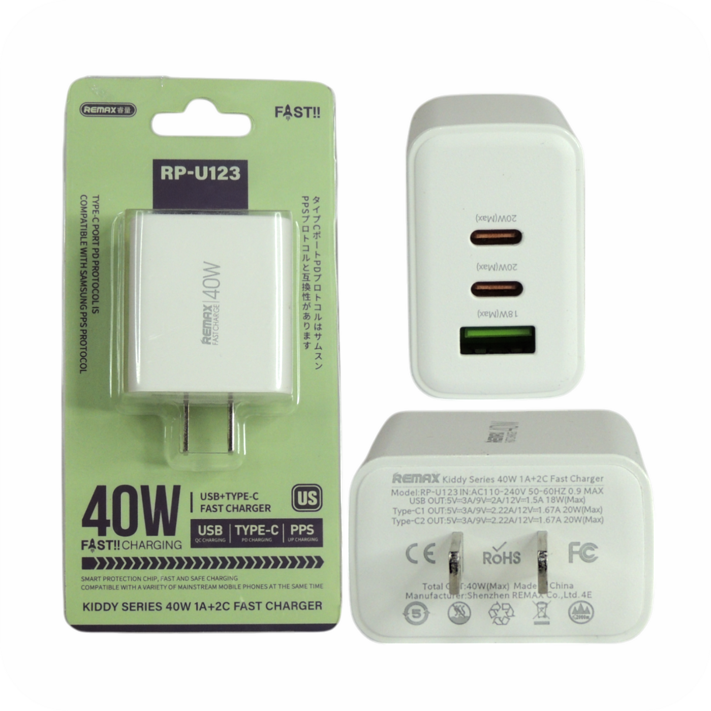 cargador remax blanco de carga rapida con difrentes puertos usb