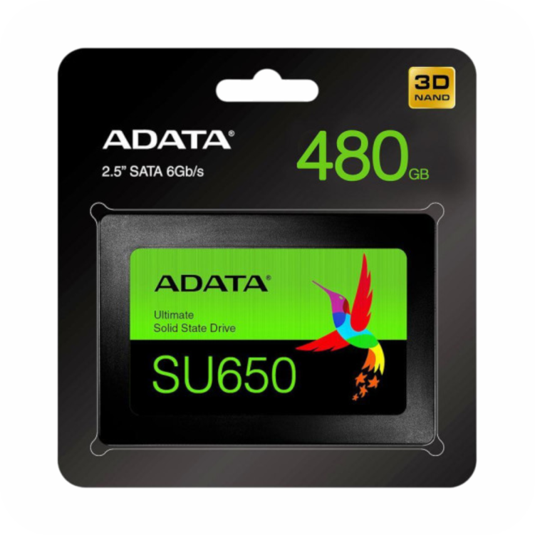 empaque de unidad SSD ADATA SU650 de 480GB, 2.5 pulgadas, con tecnologia 3D NAND y conexion SATA 6GBs