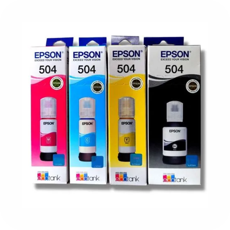 empaques de botellas Epson 504 originales de color negro, cian, magenta y amarillo