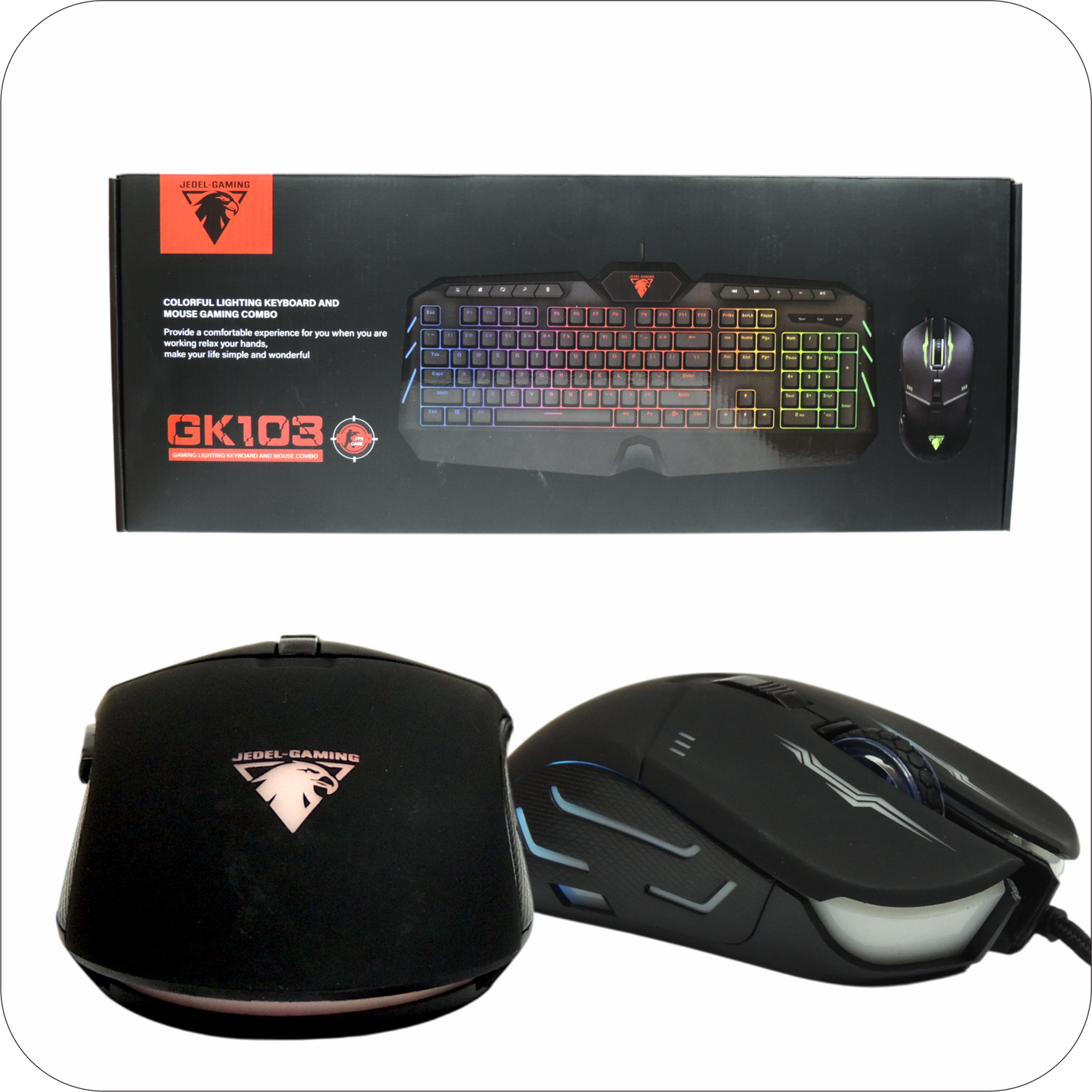 empaque de combo de teclado y mouse jedel gaming gk103 negro con retroiluminacion rgb