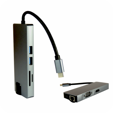 hub adaptador multipuerto usbC con puertos USB lector de tarjets y salida VGA