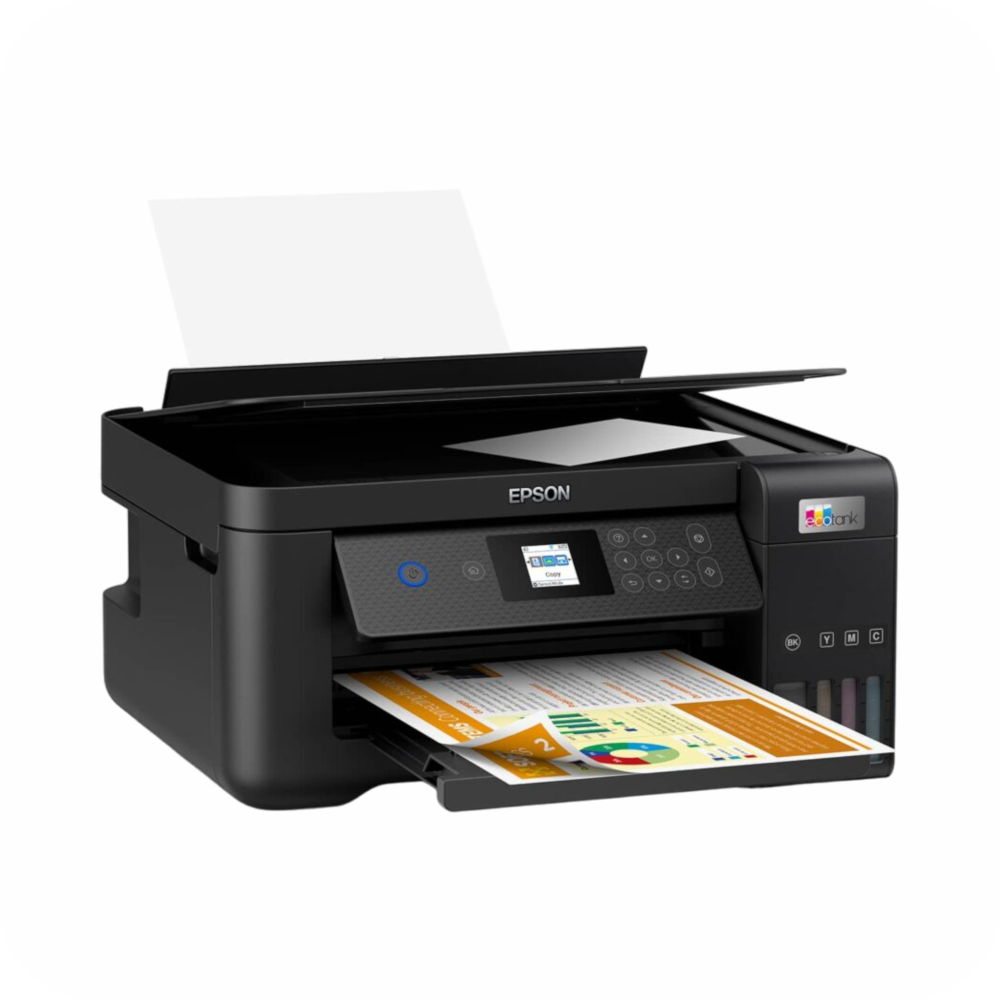 impresora multifuncional Epson en proceso de impresión, mostrando documentos a color