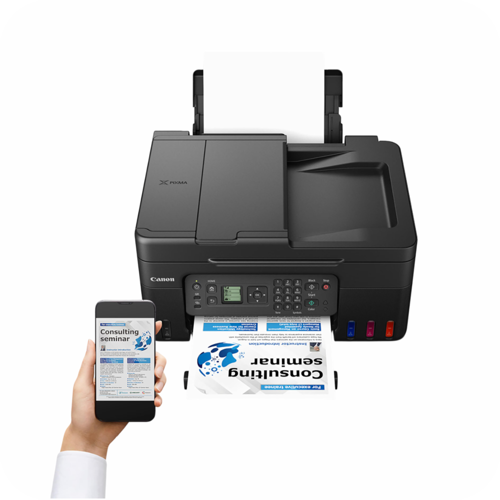 Impresora multifuncional Canon en proceso de impresión a traves de smartphone