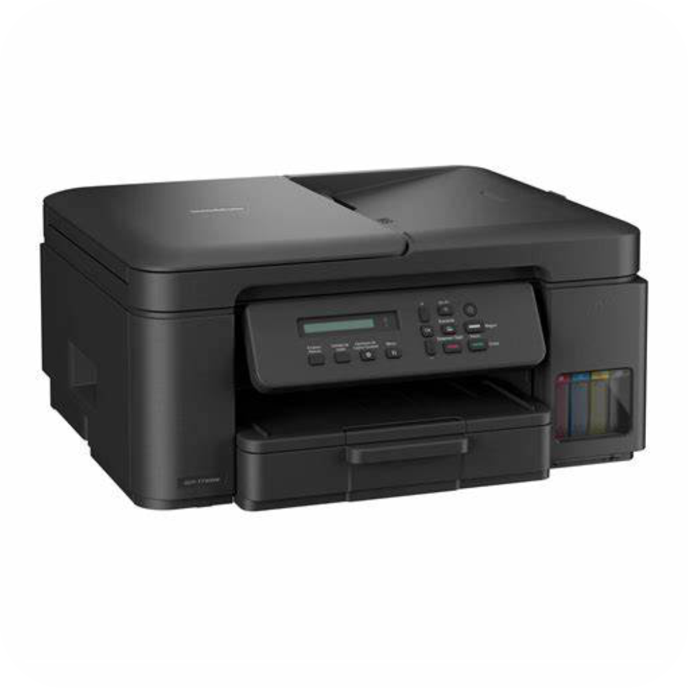 Impresora multifuncional negra con alimentador automático y tanque de tinta visible