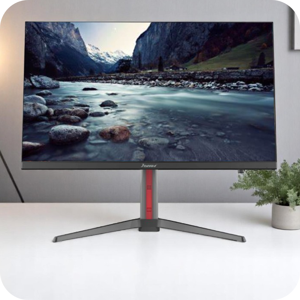 monitor janus sobre escritorio blanco en uso