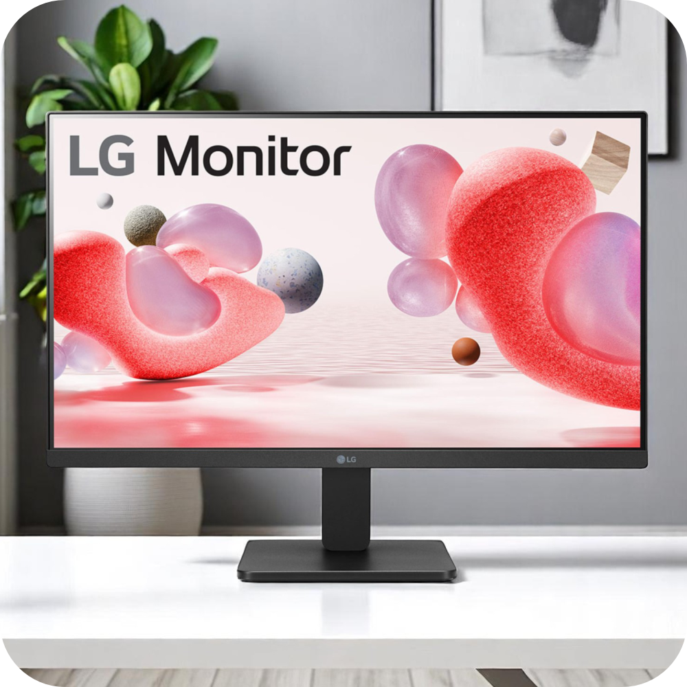monitor lg negro sobre escritorio blanco en uso