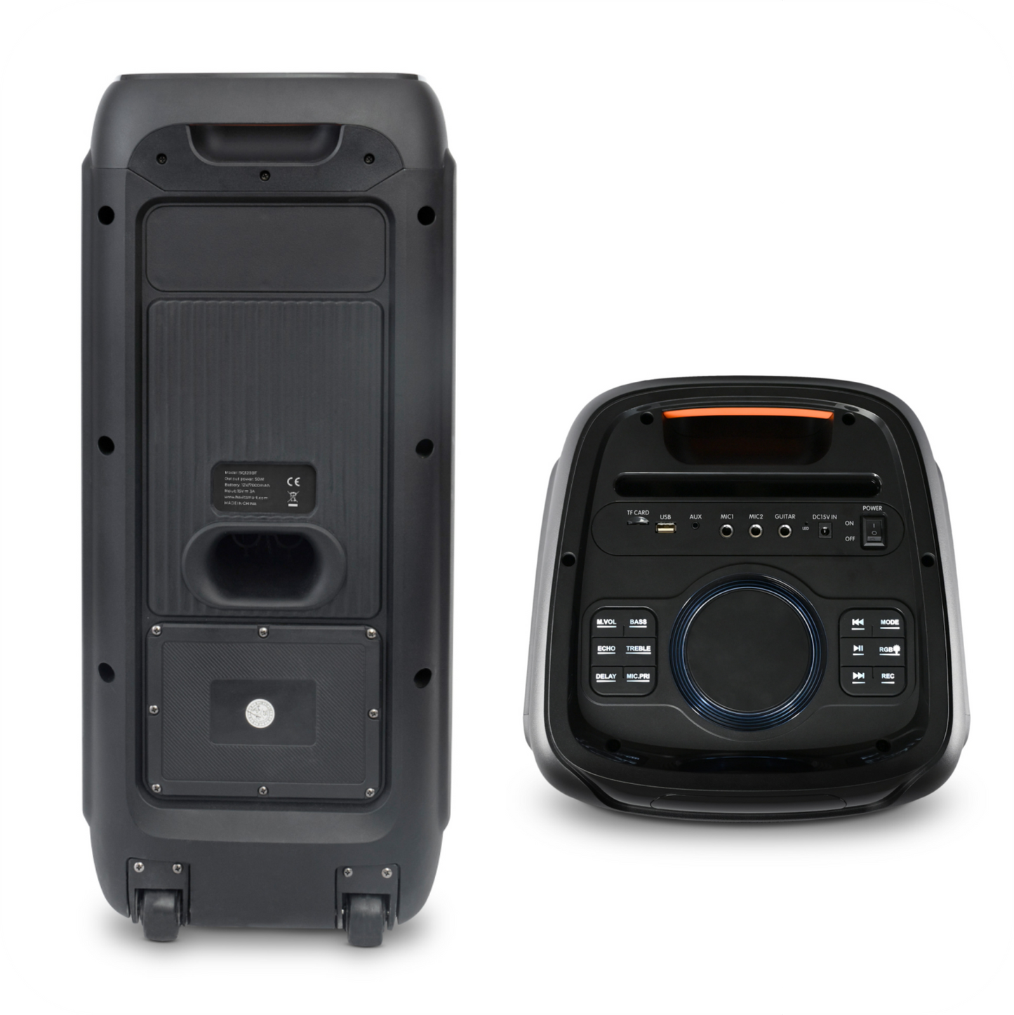 parte trasera de panel de control de un altavoz negro portatil