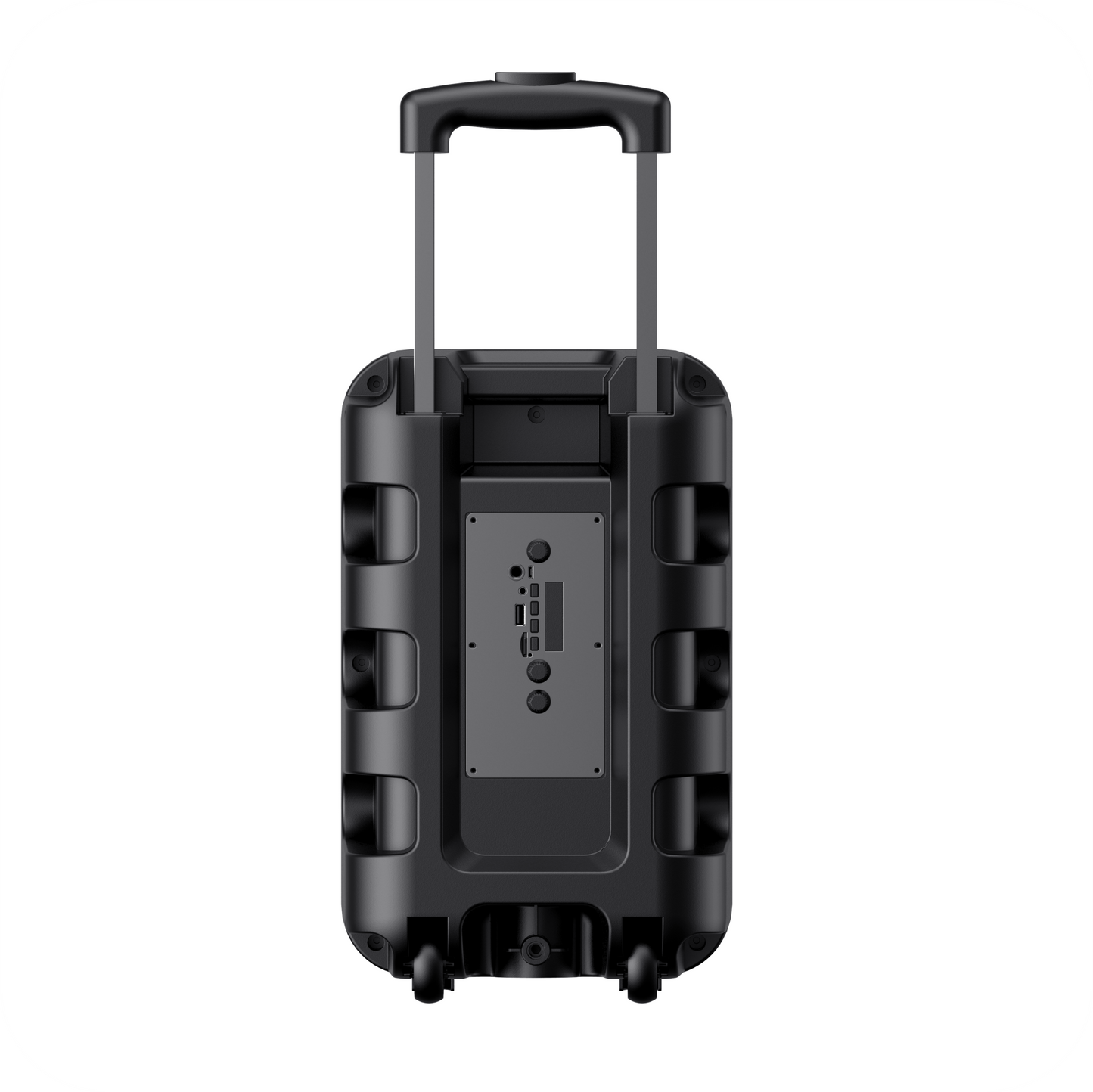 Panel trasero de altavoz negro portatil con ruedas