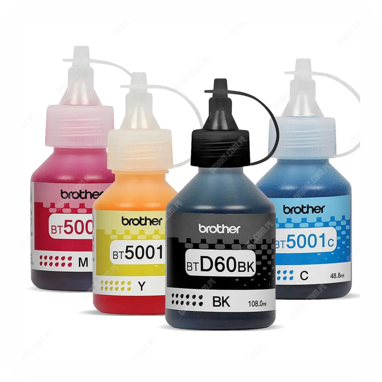 set de tintas de botella brother en color magenta, amarilla, negra y cian
