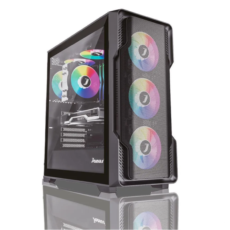 torre gamer Janus con ventilacion RGB, panel lateral en vidrio templado y tarjeta grafica GeForce RTX