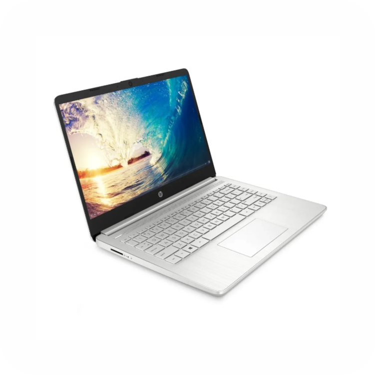 vista lateral de portatil hp plateado con pantalla full hd encendida
