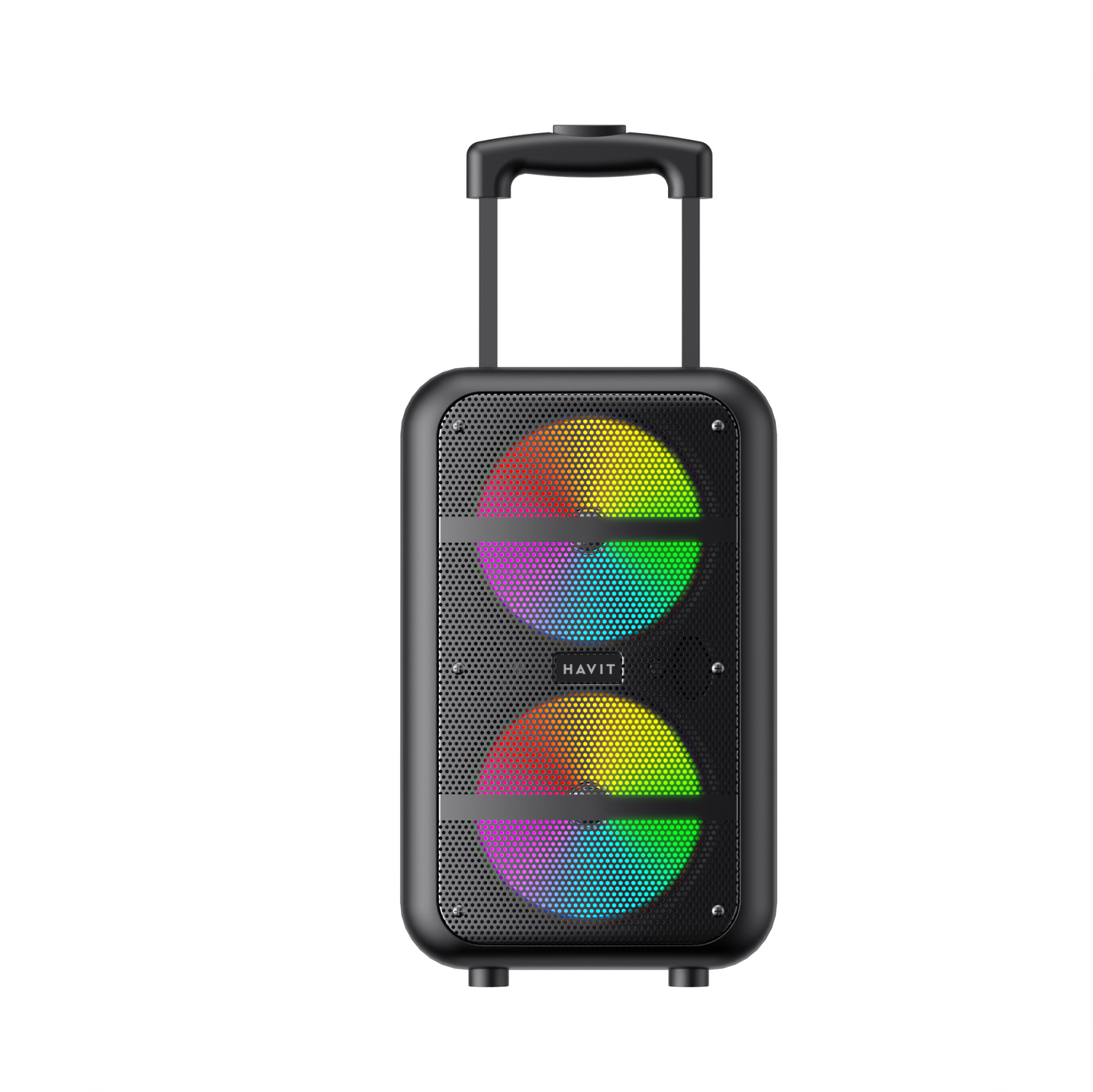 Altavoz havit negro portatil  con forma de maleta con luces led 