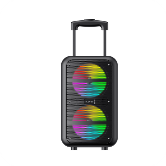 Altavoz havit negro portatil  con forma de maleta con luces led 