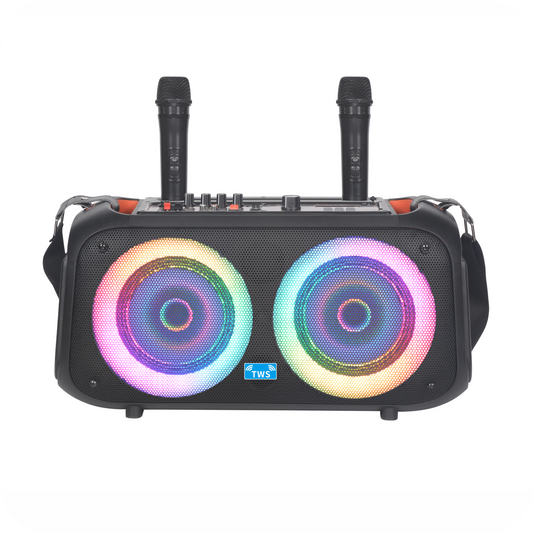 altavoz negro portatil con luces led y dos microfonos negros  para karaoke