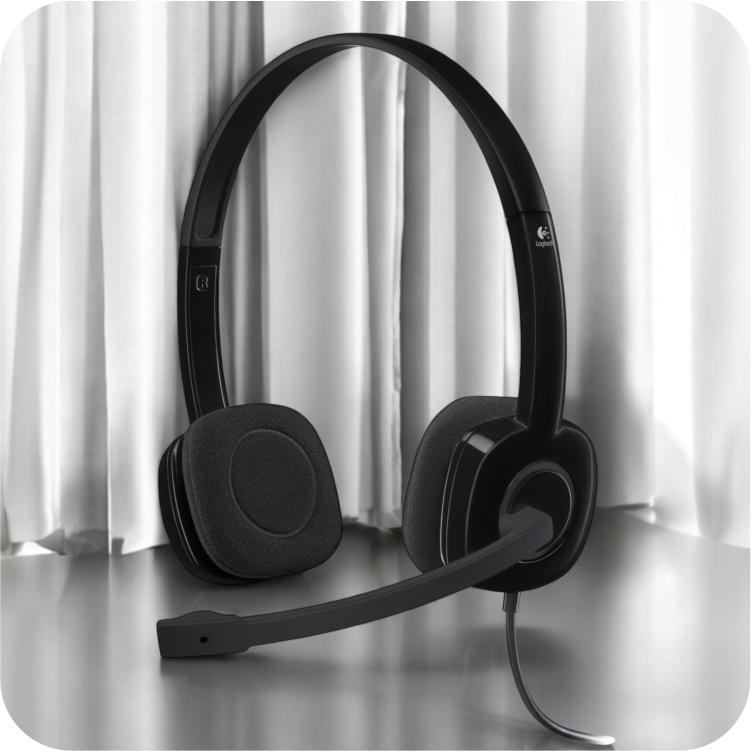 audifonos Logitech con micrófono ajustable, sobre una superficie brillante con cortinas de fondo