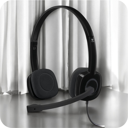 audifonos Logitech con micrófono ajustable, sobre una superficie brillante con cortinas de fondo