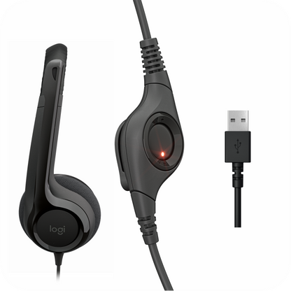 audifonos Logitech con control de volumen integrado y conexión USB