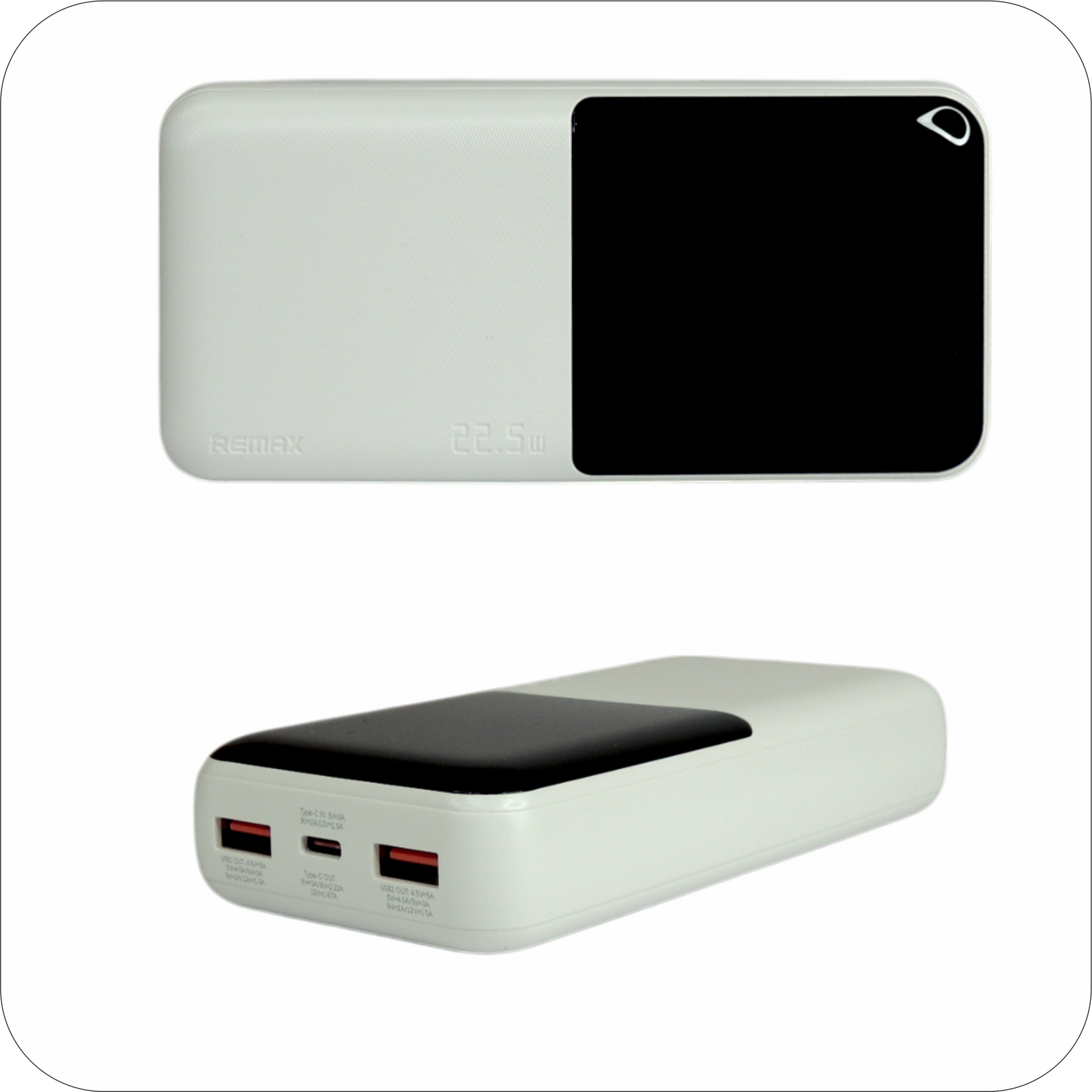  bateria portátil Remax blanca que muestra puertos de salida USB-A y USB-C, capaz de cargar rápidamente 22,5 W.
