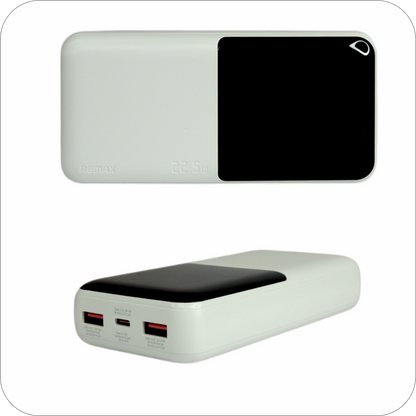  bateria portátil Remax blanca que muestra puertos de salida USB-A y USB-C, capaz de cargar rápidamente 22,5 W.