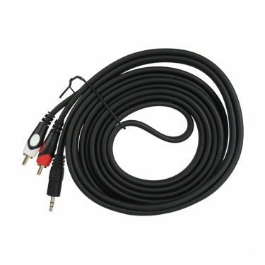 cable para audio con conector de 3.5mm y dos conectores RCA, enrollado sobre fondo blanco