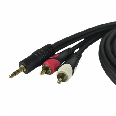 cable de audio con conector de 3.5mm y conexiones RCA en rojo y blanco