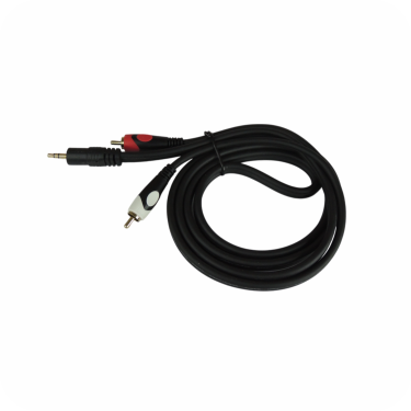 cable de audio con conector RCA y conector de 3.5mm, enrollado sobre fondo blanco