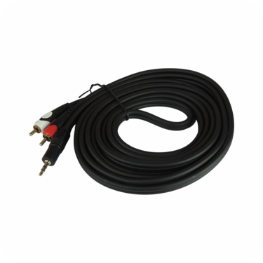 cable estéreo con conector de 3.5mm y conectores RCA en rojo y blanco, enrollado 