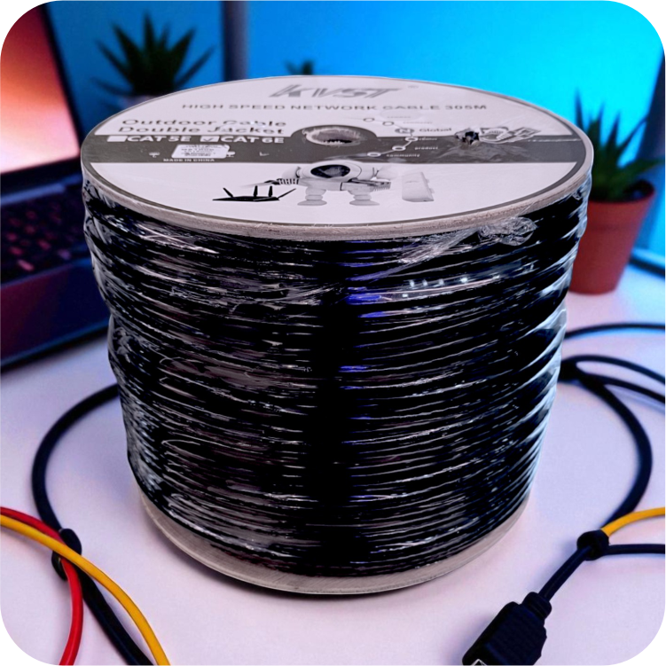 Paquete de cable Ethernet extendido para exteriores, 305 metros, en bobina con etiqueta y certificaciones.