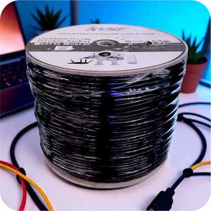 Paquete de cable Ethernet extendido para exteriores, 305 metros, en bobina con etiqueta y certificaciones.