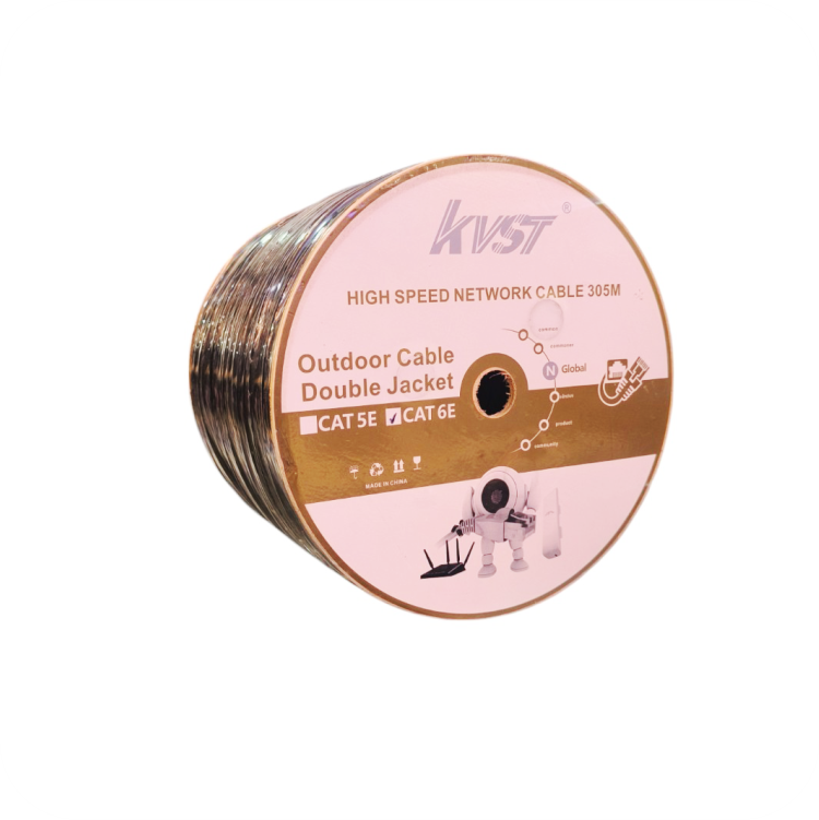 Cable de red exterior doble jaqueta,
CAT 6E, 305 metros, en bobina, con etiquetas y certificaciones visibles