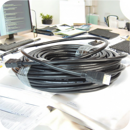 Cable HDMI negro de alta calidad sobre escritorio tecnológico