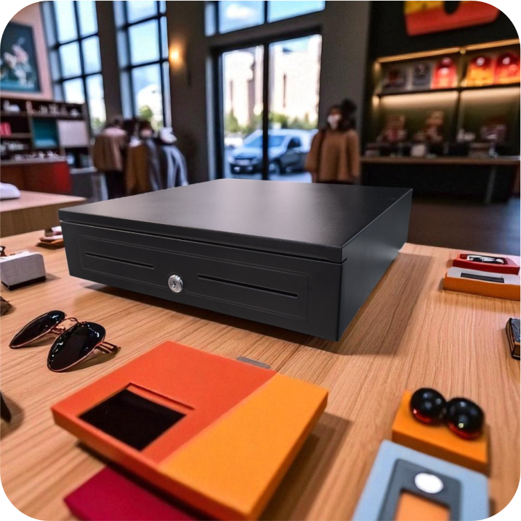 cajon monedero negro es mostrador de tienda moderna con accesorios de exhibicion
