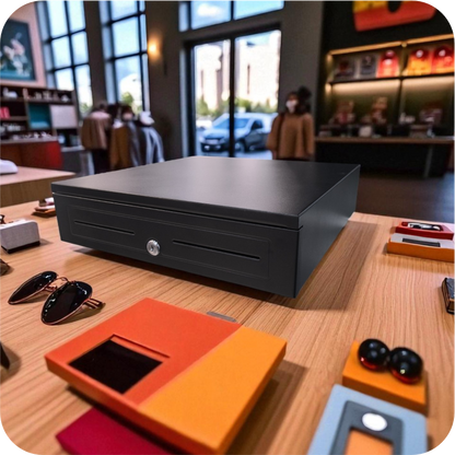 cajon monedero negro es mostrador de tienda moderna con accesorios de exhibicion