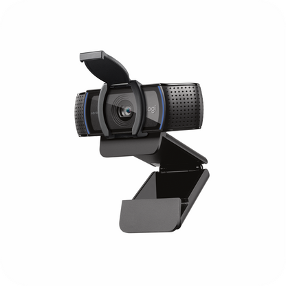cámara web Logitech C920 en HD 1080p con micrófonos estéreo y tapa de privacidad, ideal para videollamadas profesionales.