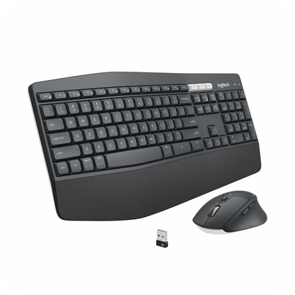 combo de teclado Logitech ergonómico y mouse inalámbrico, con receptor USB