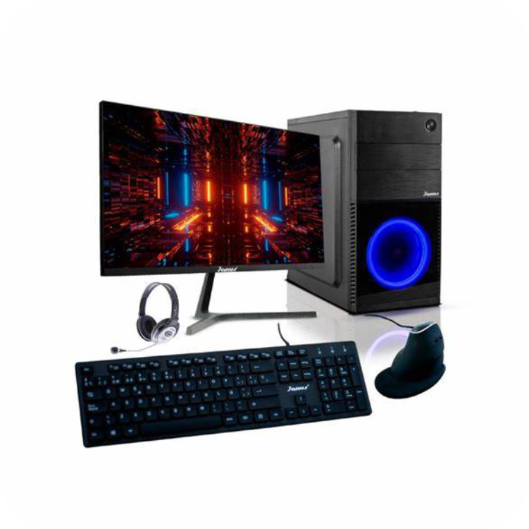 computador de escritorio Janus con torre gamer, ventilador azul, teclado retroiluminado, mouse ergonomico vertical y audifonos