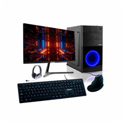 computador de escritorio Janus con torre gamer, ventilador azul, teclado retroiluminado, mouse ergonomico vertical y audifonos