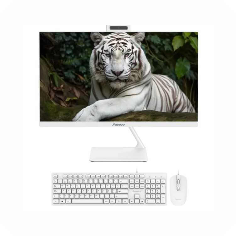 computador Janus todo en uno, color blanco con teclado y mouse