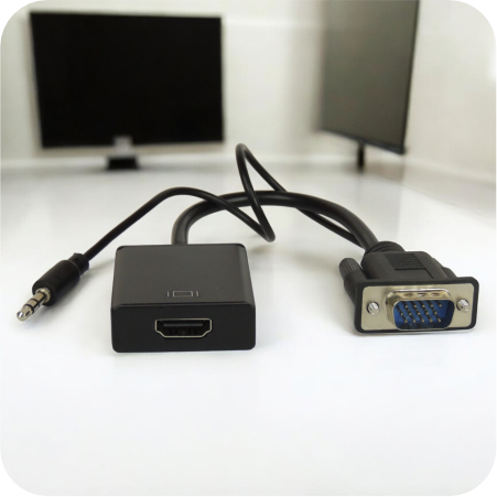 convertidor vga a hdmi con cable de audio en espacio de trabajo 
