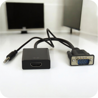 convertidor vga a hdmi con cable de audio en espacio de trabajo 