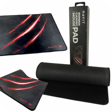 mouse pad negro de garras y logo rojo junto a su caja  