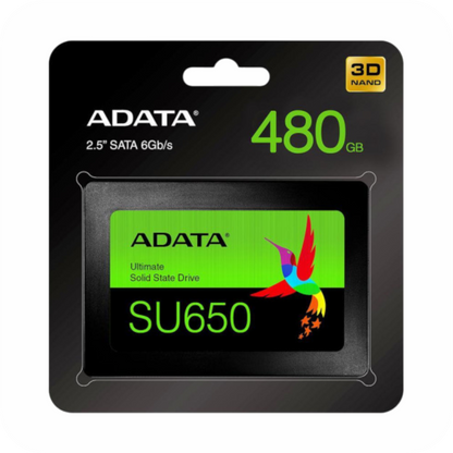empaque de unidad SSD ADATA SU650 de 480GB, 2.5 pulgadas, con tecnologia 3D NAND y conexion SATA 6GBs 