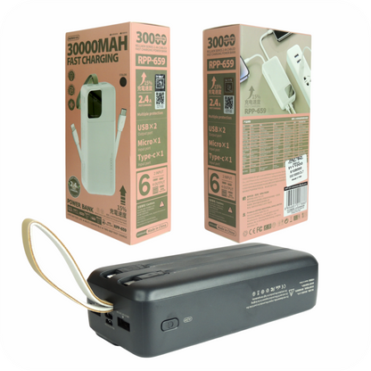 empaque de bateria portatil remax  30000 mAh negra con cables integrados