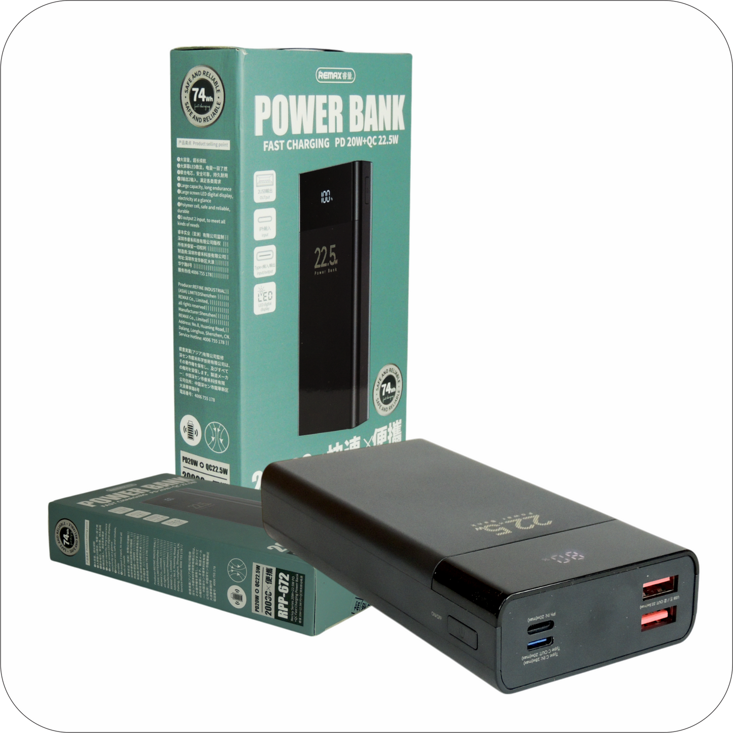 empaque de bateria portatil remax negra de 22.5W con pantalla led 