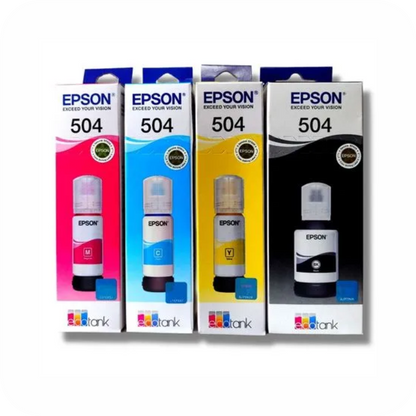 empaques de botellas Epson 504 originales de color negro, cian, magenta y amarillo